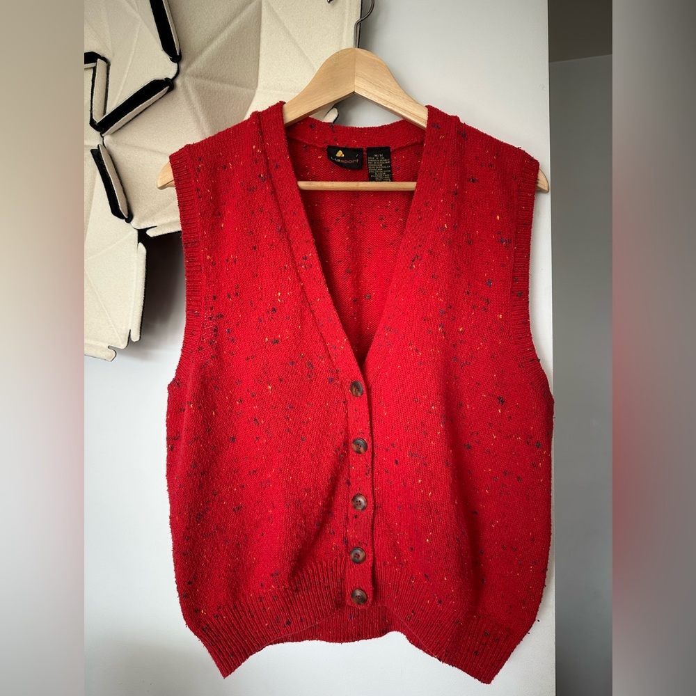 Vintage Liz Sport red button up speckled knit sweater vest medium holiday